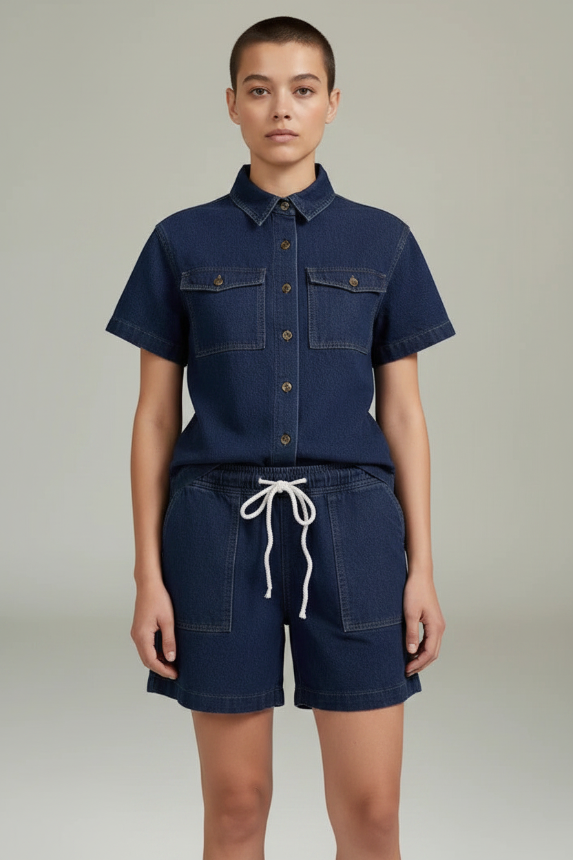 Loose-fit Retro Casual Denim Set For Women With Turn-down Collar Elastic Waistband And Pockets