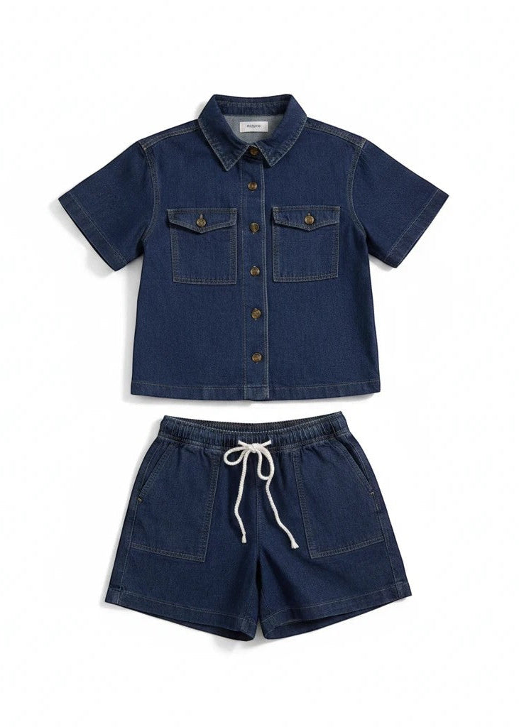 Conjunto Allzom de ganga azul escuro com camisa de manga curta e calções de cintura elástica com bolsos