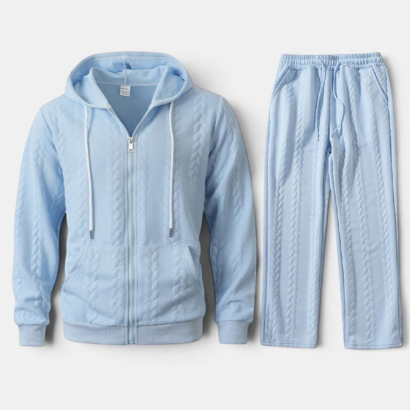 Conjunto de hoodie e cardigan Allzom azul claro com padrão jacquard texturizado e cordões brancos.