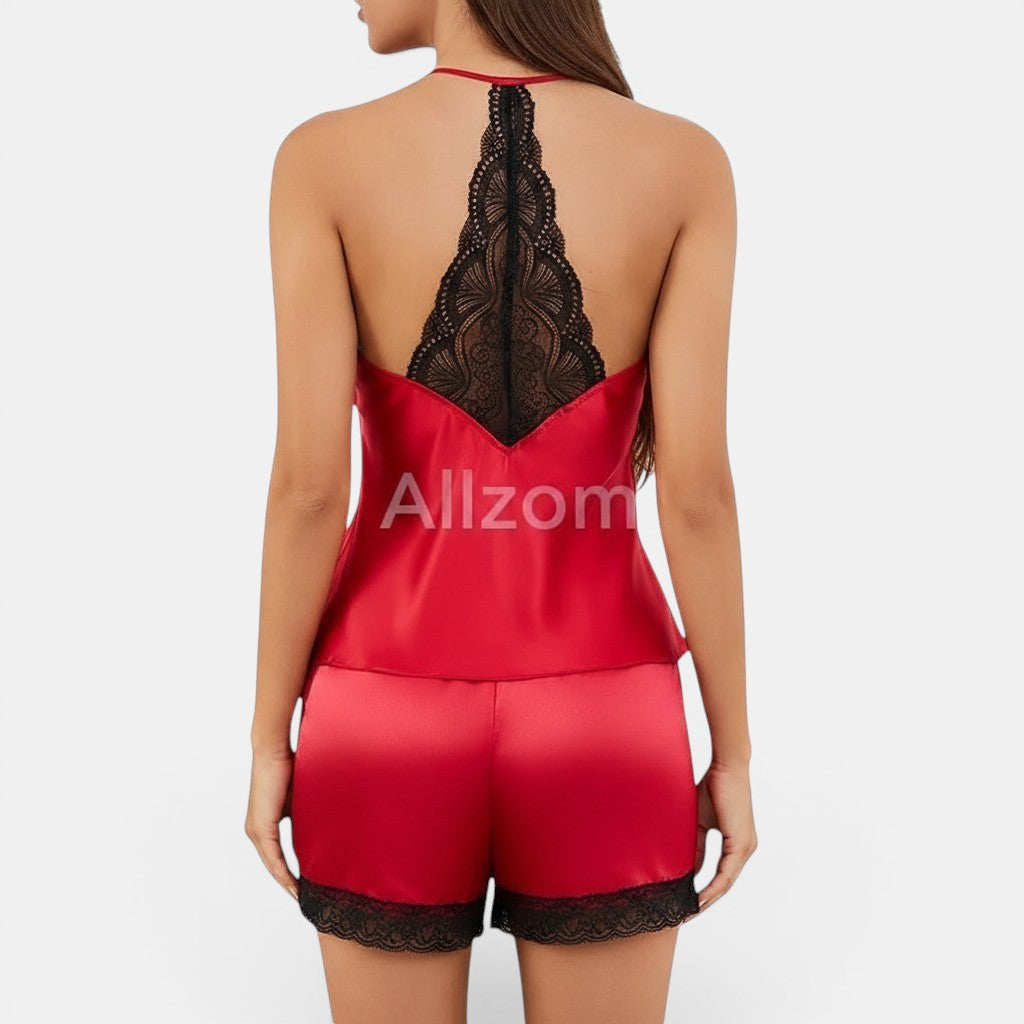 Allzom conjunto de lingerie vermelho em cetim com detalhes em renda preta na camisola e calções.