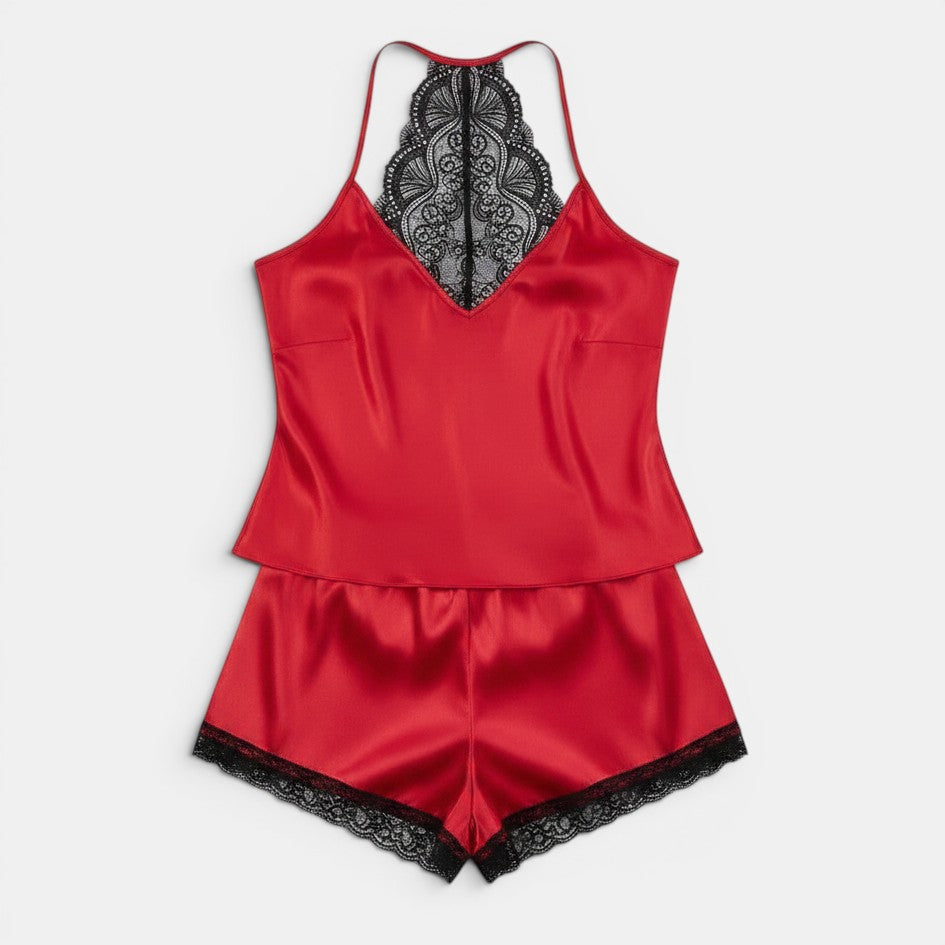 Allzom conjunto de lingerie vermelho em cetim com detalhes em renda preta na camisola e calções.