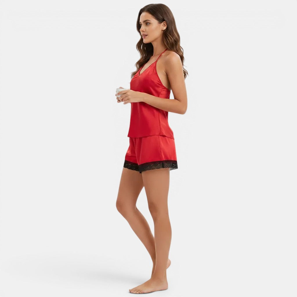 Allzom conjunto de lingerie vermelho de cetim com detalhes em renda preta em camisola e calções.