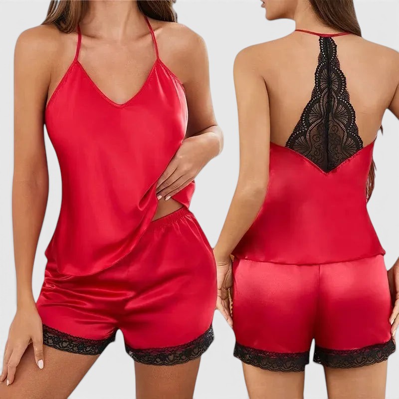 Allzom conjunto de camisola e calções de cetim vermelho com detalhes em renda preta. Roupa de dormir feminina.