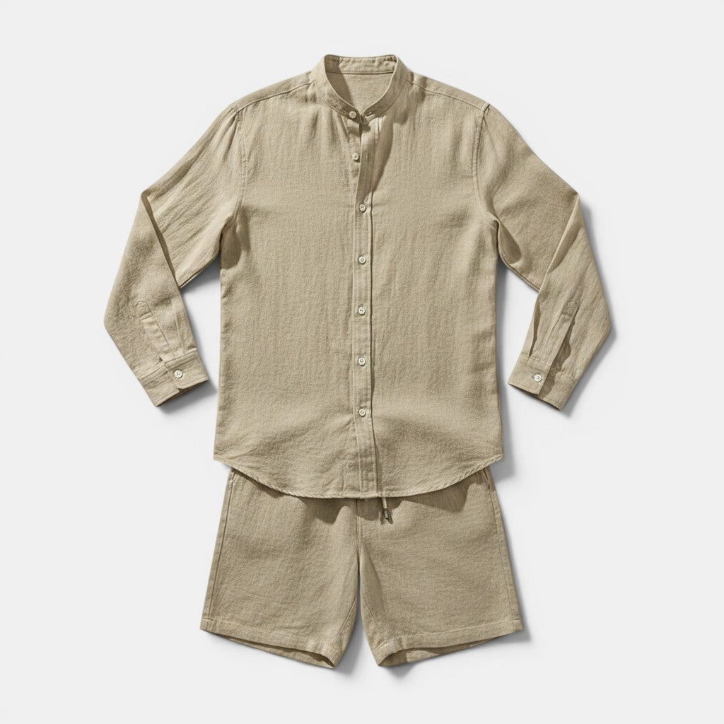 Allzom conjunto de camisa de manga comprida e calções de linho bege com gola mandarim e cordão.