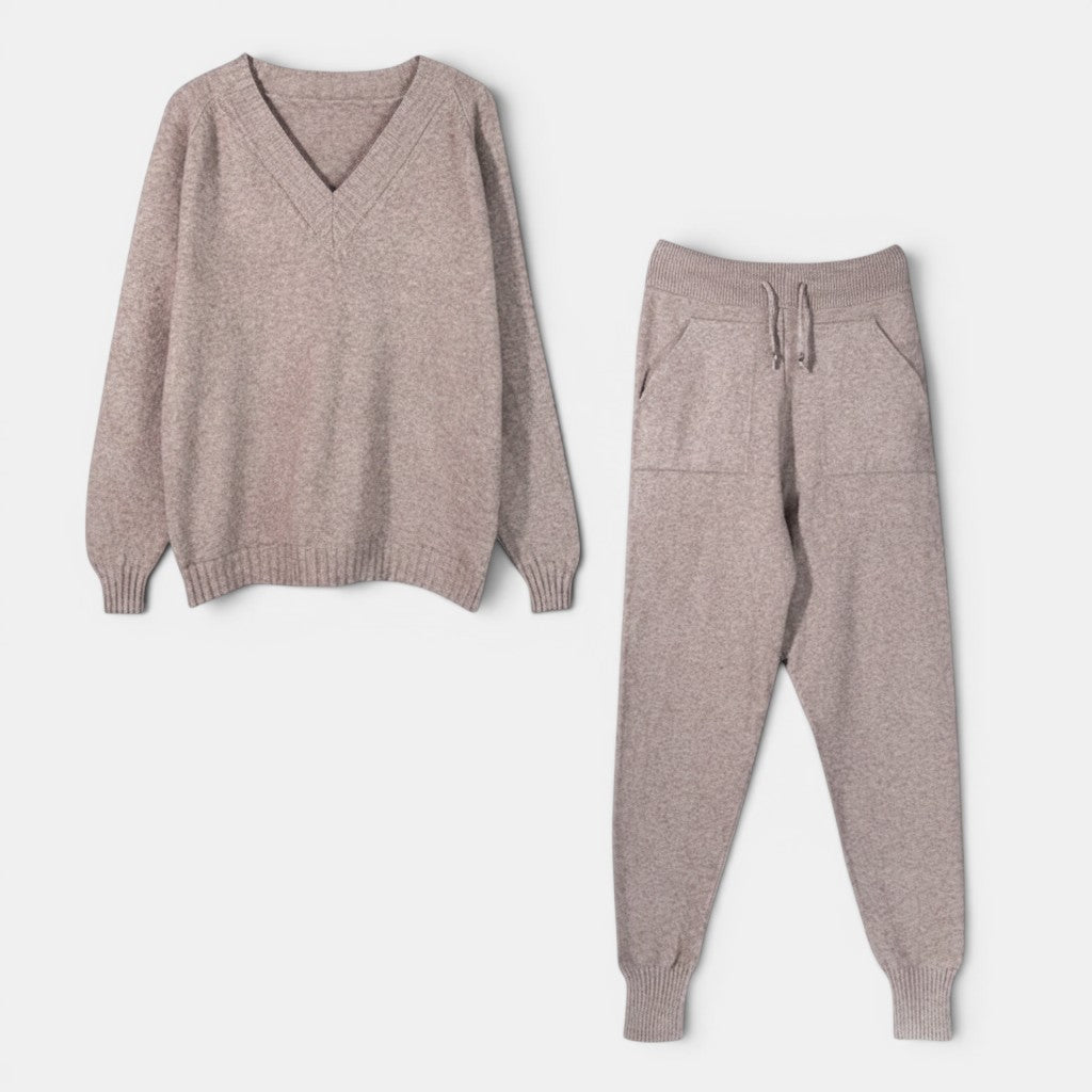 Allzom conjunto de calças e camisola de malha bege com decote em V e mangas compridas para mulher.