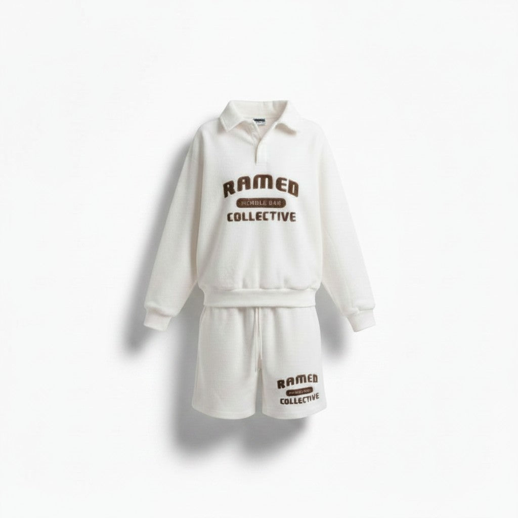 Allzom branco de manga comprida com gola polo e calções de conjunto em malha felpa com logótipo em relevo.