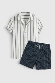Conjunto Allzom masculino de verão com camisa de manga curta listrada branca e calções azul-marinho listrados