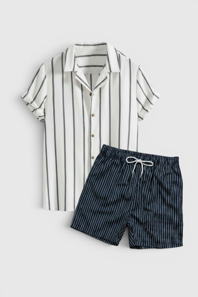 Conjunto Allzom masculino de verão com camisa de manga curta listrada branca e calções azul-marinho listrados