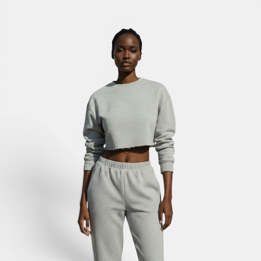 Allzom Conjunto de moletom esportivo feminino cinza, cropped e calças de cintura alta, com caimento solto e tecido macio.