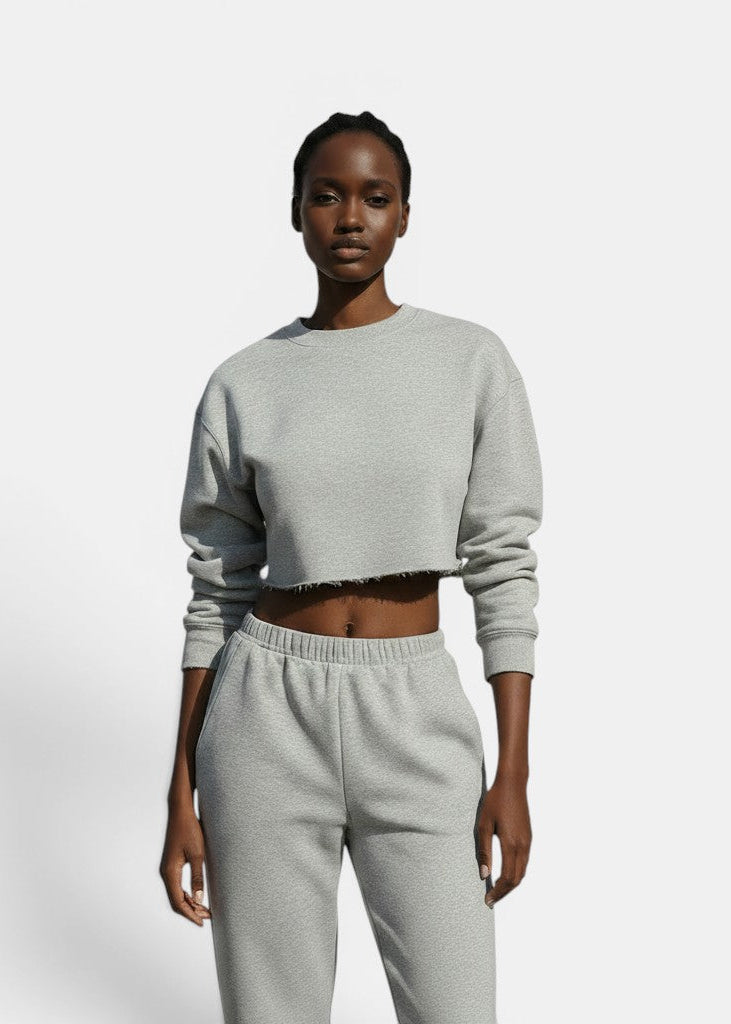 Allzom Conjunto de moletom esportivo feminino cinza, cropped e calças de cintura alta, com caimento solto e tecido macio.
