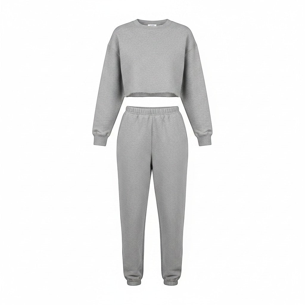 Allzom Conjunto de moletom esportivo feminino cinza, com sweatshirt curta e calças de moletom soltas.