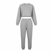 Allzom Conjunto de moletom esportivo feminino cinza, com sweatshirt curta e calças de moletom soltas.