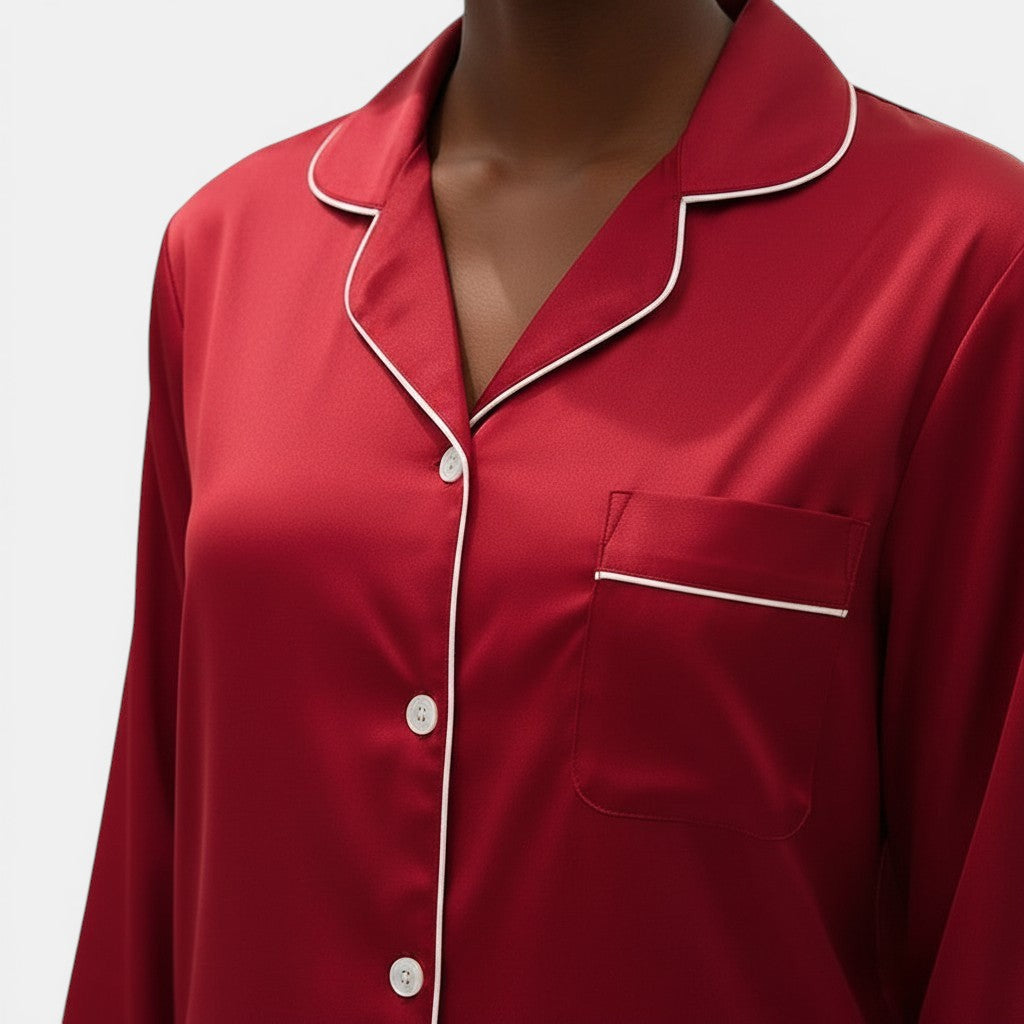 Allzom conjunto de pijama de manga comprida vermelho acetinado com contraste branco e bolso no peito.