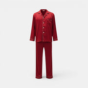 Allzom Conjunto de pijama de manga comprida vermelho em cetim com detalhes em contraste branco. Conjunto de duas peças.