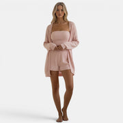 Allzom Mulher conjunto de pijama de três peças em malha canelada rosa com top de bustiê e calções