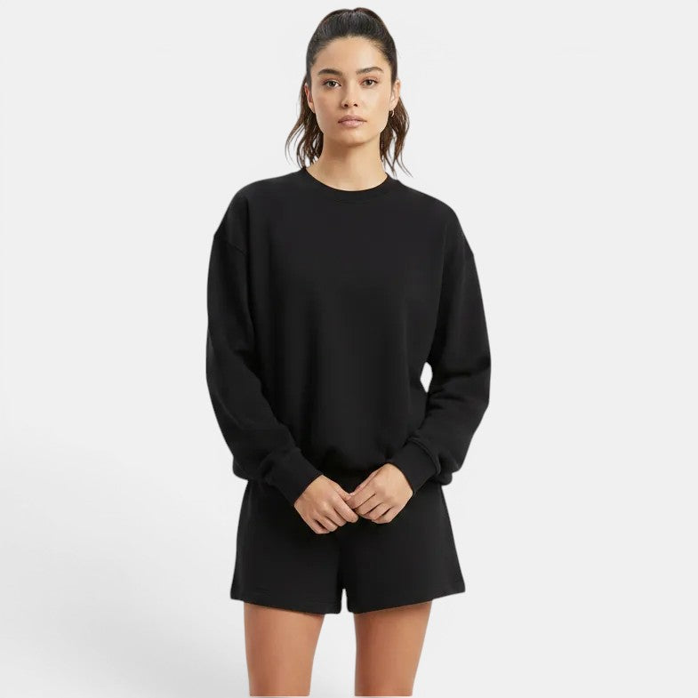 Conjunto de malha Allzom de manga comprida preta e calções para mulher, em algodão macio, para uso casual.