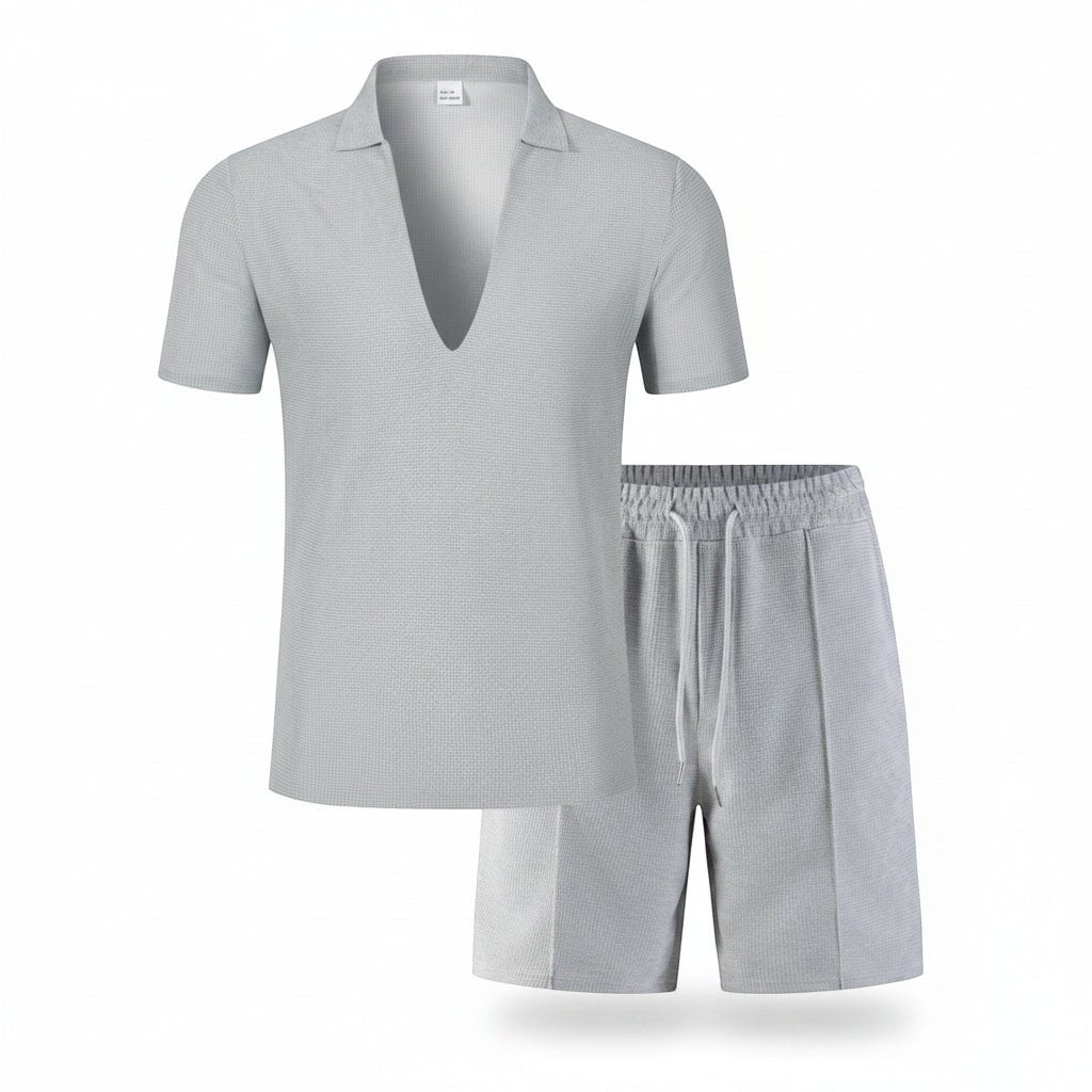 Conjunto desportivo Allzom de t-shirt de manga curta cinzenta com decote em V e calções de cintura elástica.