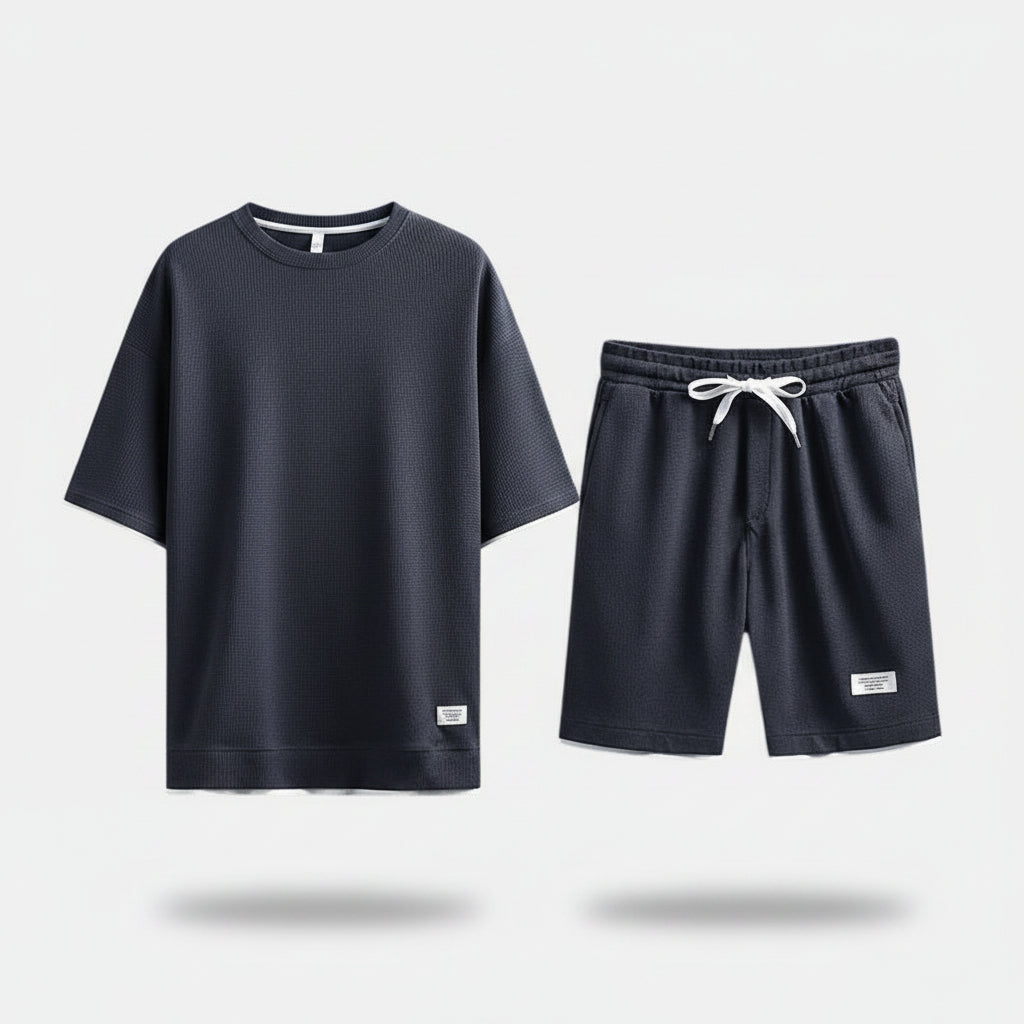 Allzom Conjunto de T-shirt e calções de manga curta em malha waffle azul-marinho, leve, para desporto de verão.
