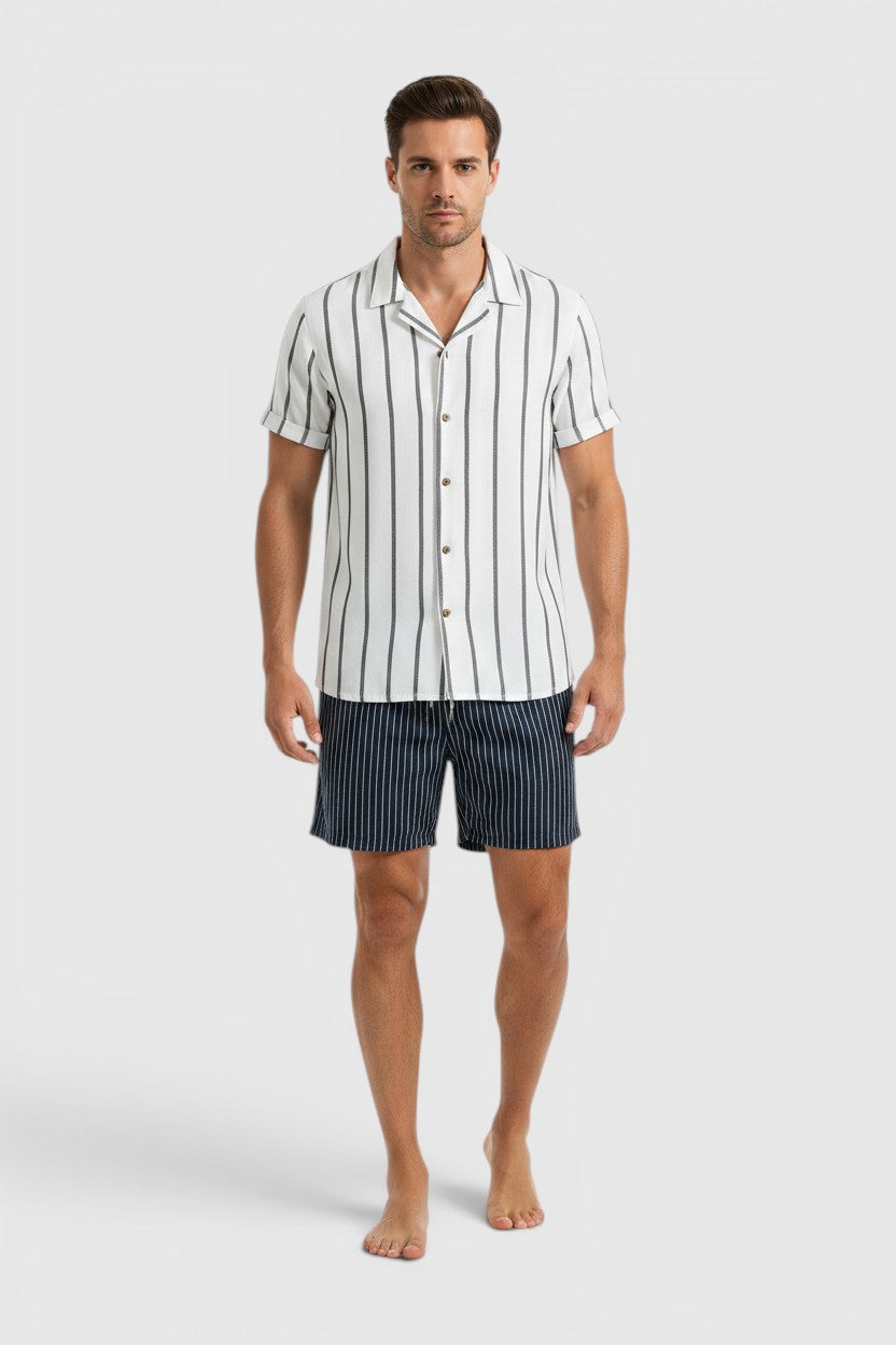 Conjunto Allzom de verão para homem com camisa de manga curta às riscas e calções a condizer em tecido leve