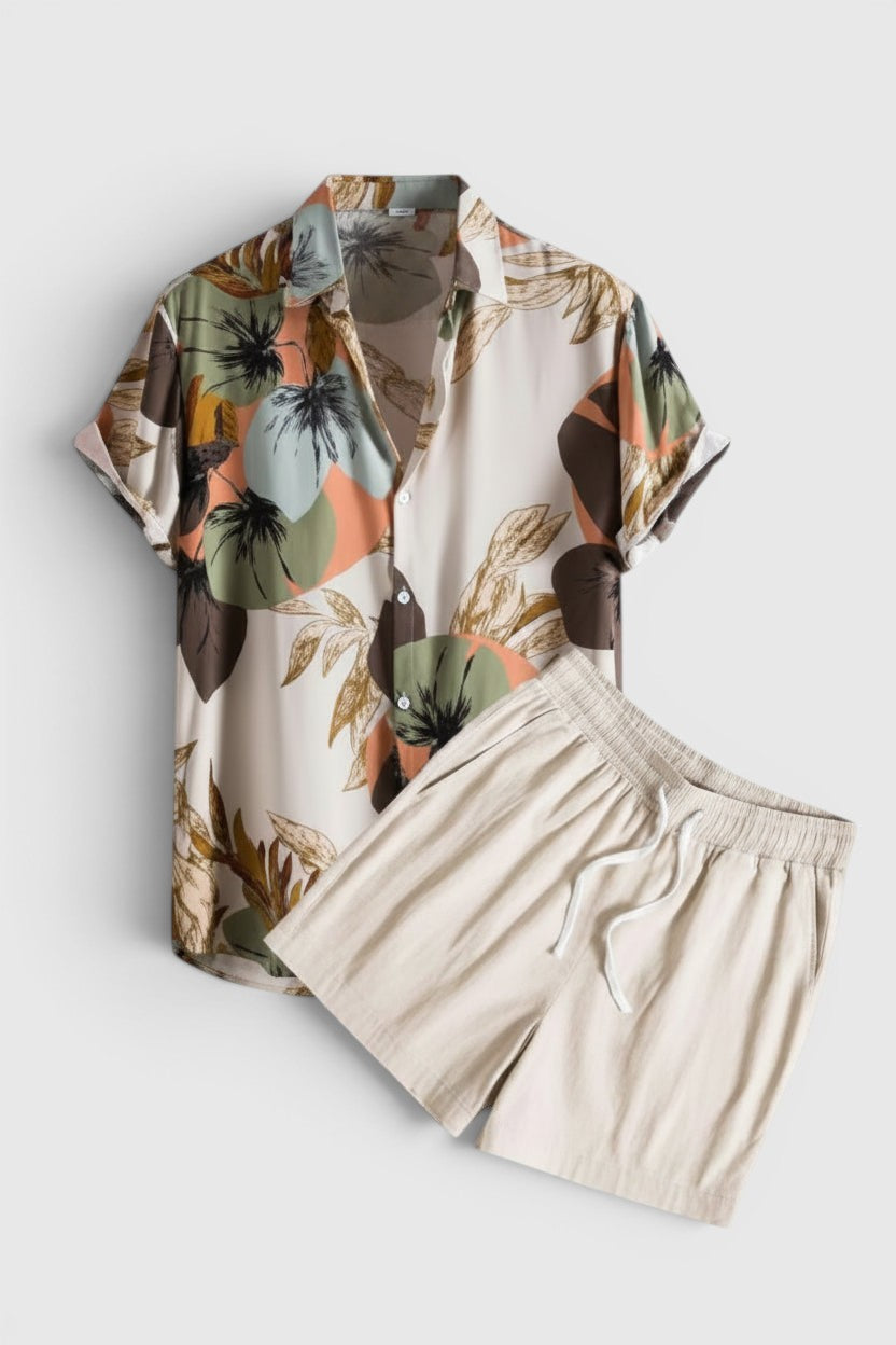 Conjunto Allzom de verão para homem com camisa de manga curta estampada floral e calções bege de cintura elástica