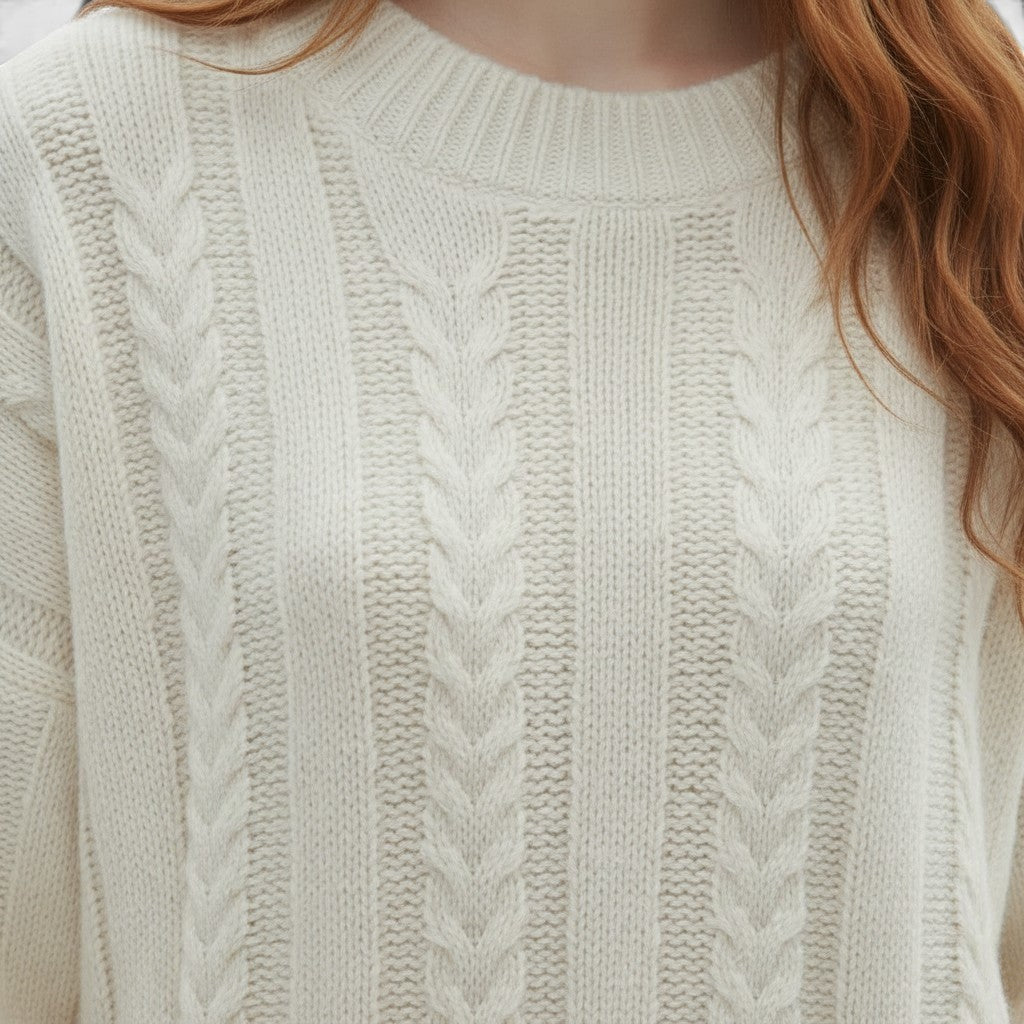 Allzom cream cable knit sweater with round neck and textured weave. A cozy, artisanal knit for a stylish, retro look.