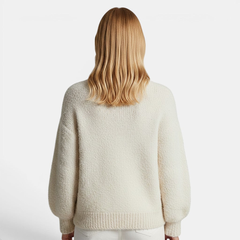 Allzom women's cream textured crew-neck sweatshirt with relaxed fit and balloon sleeves.