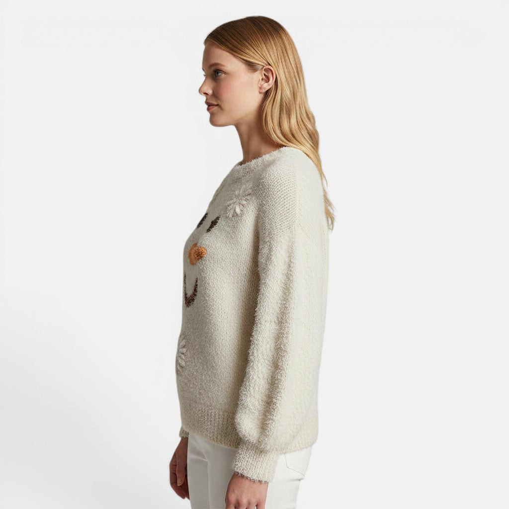 Allzom cream knit crew-neck sweatshirt with 3D embroidered daisy and leaf motifs, loose fit, on a woman.