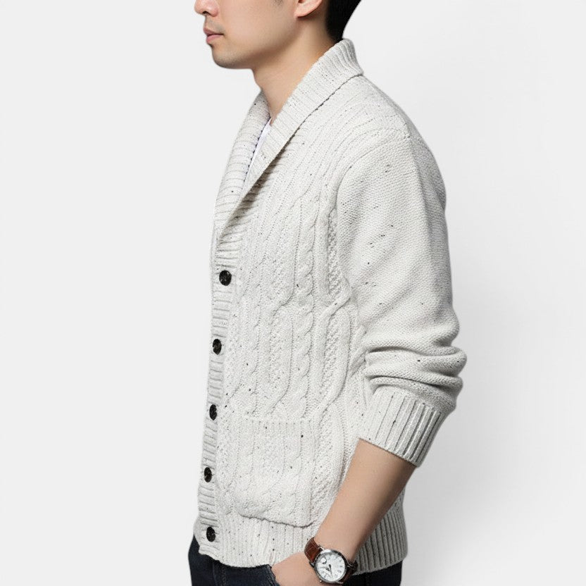 Allzom men's cream jacquard knit cardigan with shawl collar and cable knit details.
