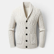 Allzom cream cable knit cardigan with shawl collar and black buttons, Korean-style jacquard pattern.