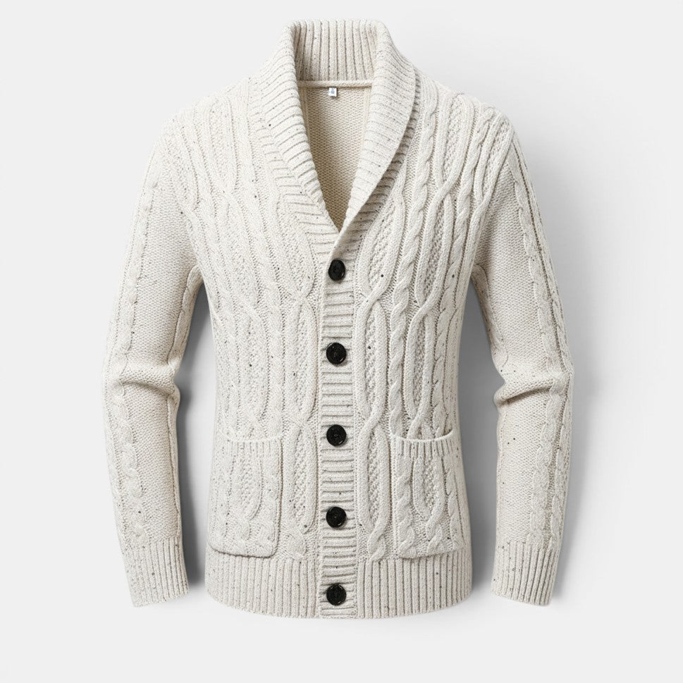 Allzom cream cable knit cardigan with shawl collar and black buttons, Korean-style jacquard pattern.