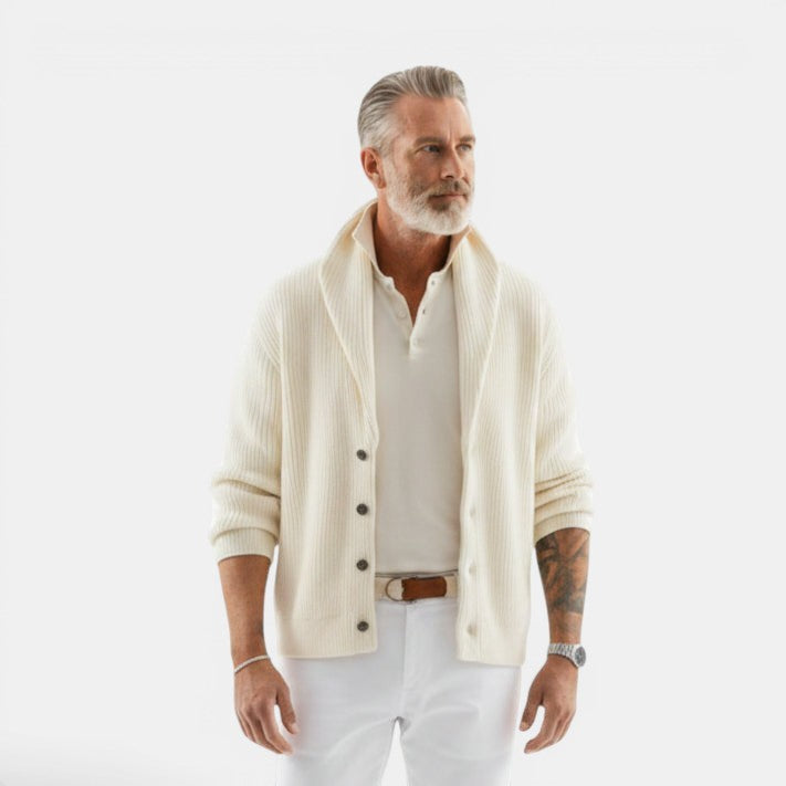 Allzom Men's cream jacquard knit lapel collar long-sleeve sweater over a white polo shirt.