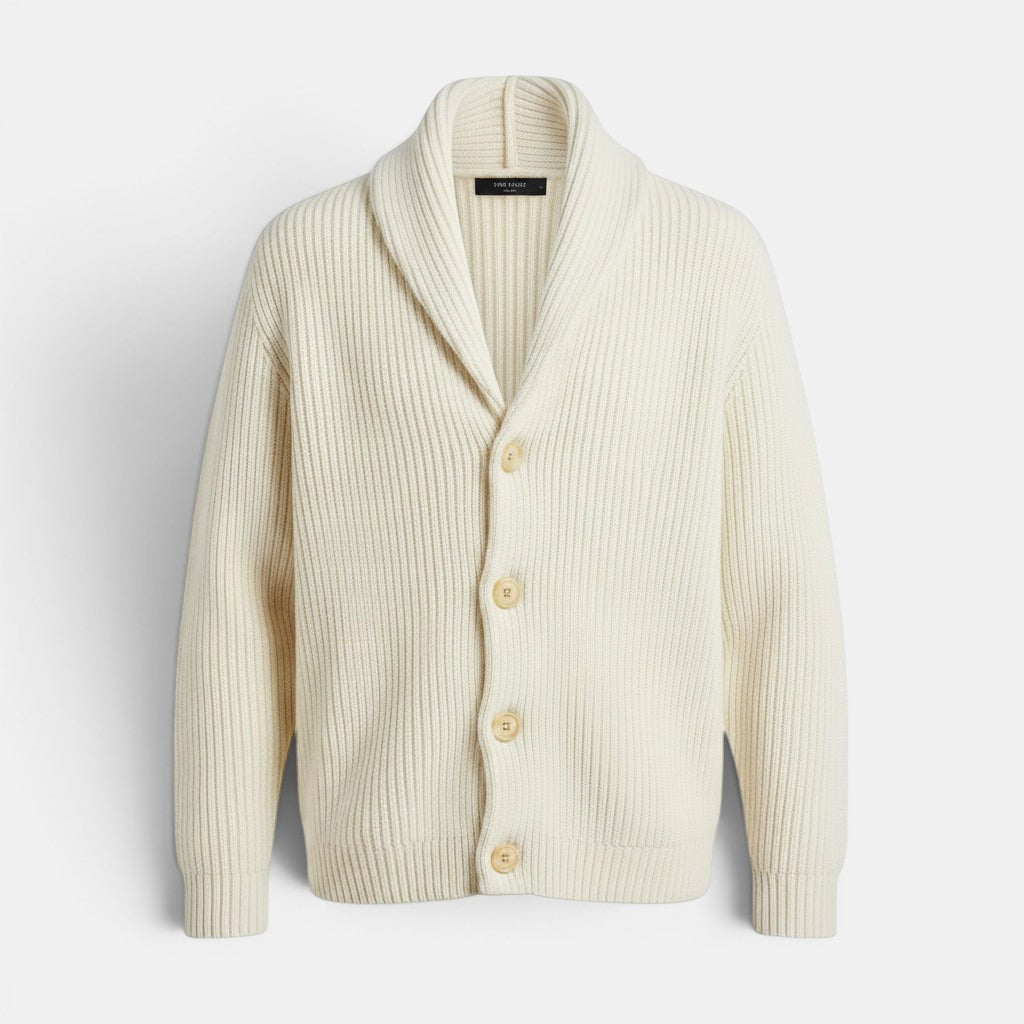 Allzom men's cream jacquard knit lapel collar long-sleeve sweater with button closure.