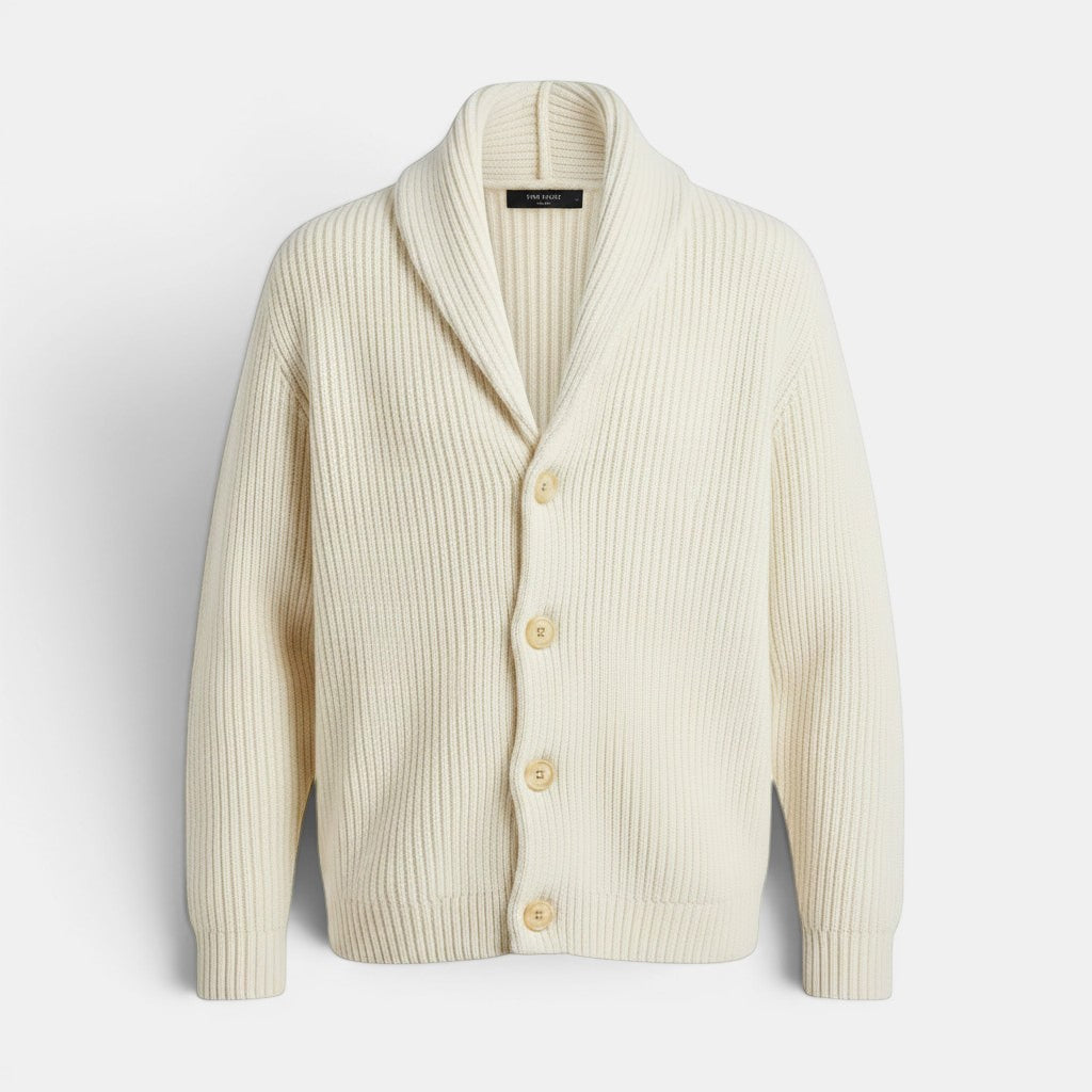Allzom cream jacquard weave lapel long-sleeve sweater with button closure.