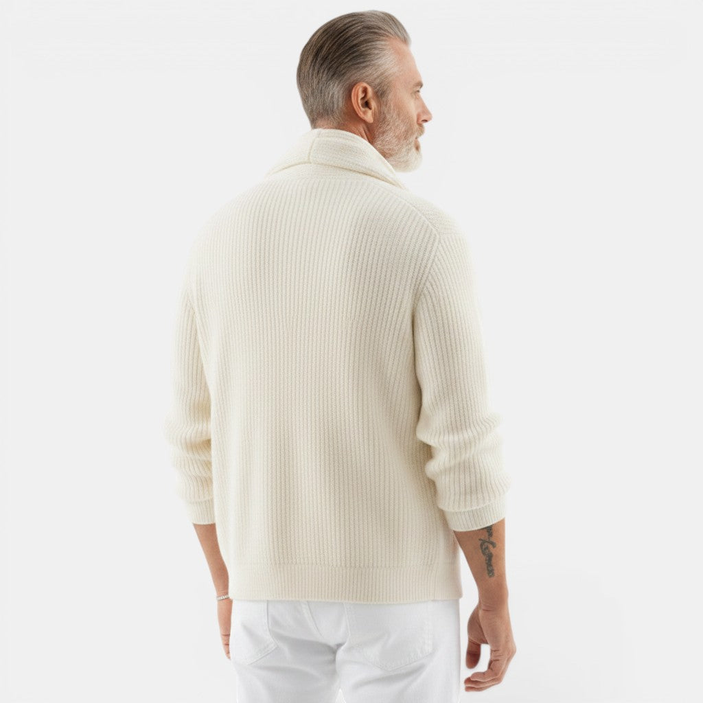 Allzom men's cream jacquard knit sweater with lapel collar and long sleeves, relaxed fit.