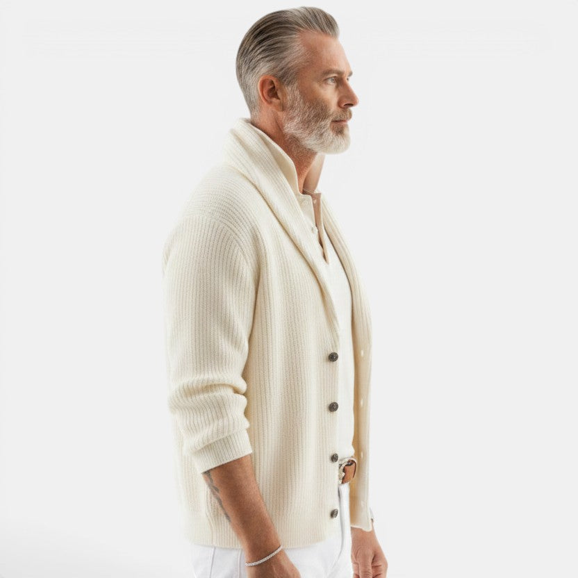 Allzom cream jacquard knit lapel collar sweater with long sleeves worn by a man.