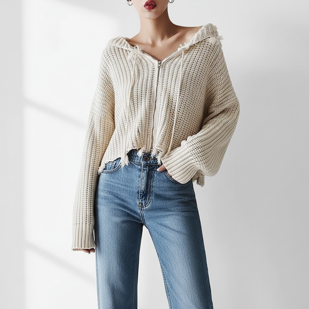 European And American Hooded Tassel Zipper Sweaters Coat