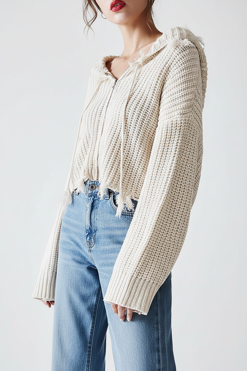 Pull à capuche européen et américain avec fermeture éclair et franges
