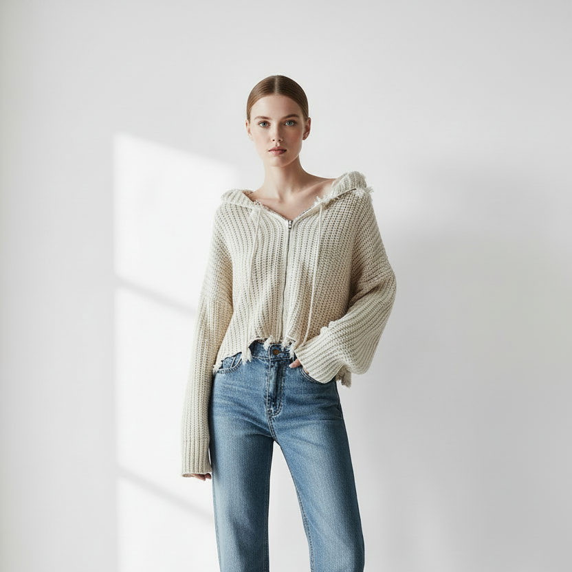 European And American Hooded Tassel Zipper Sweaters Coat