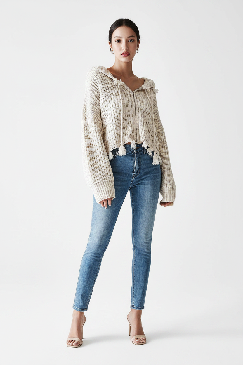 European And American Hooded Tassel Zipper Sweaters Coat