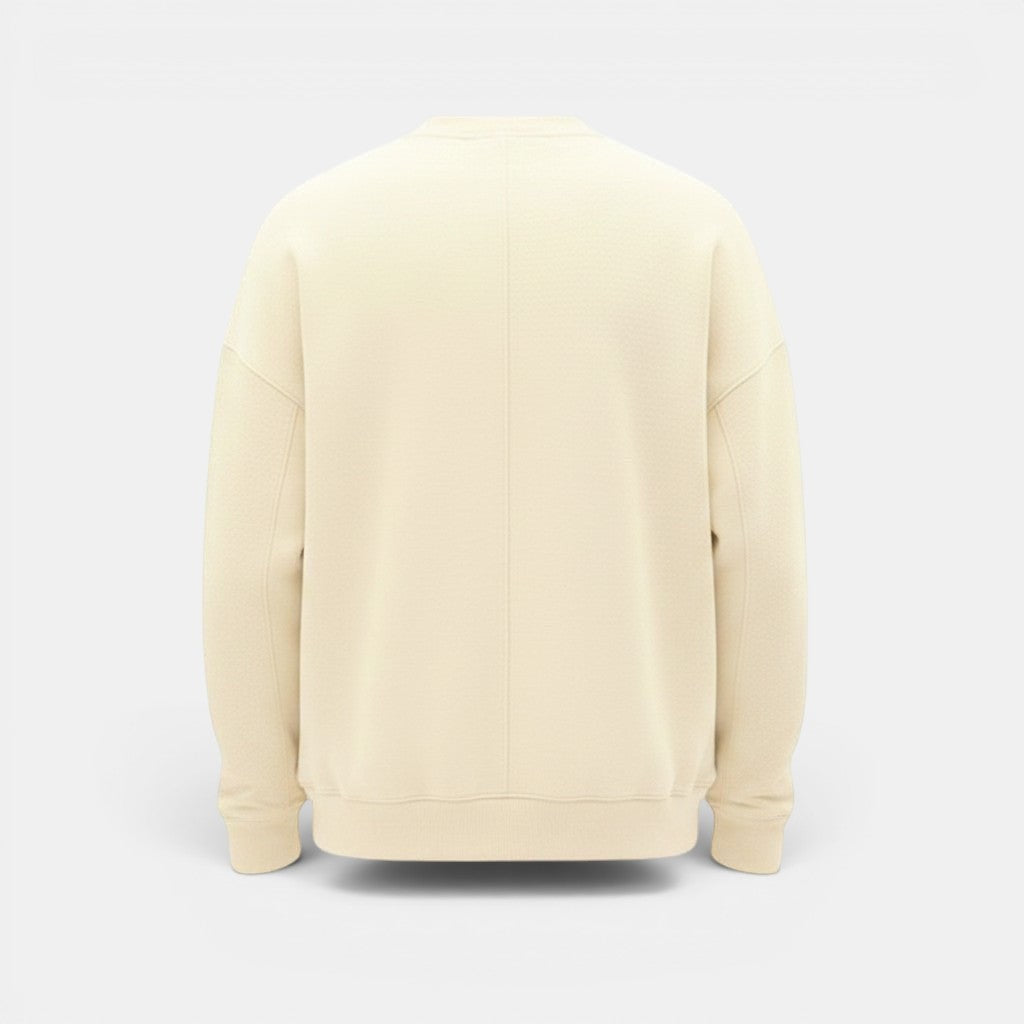 Allzom Men's loose round-neck pullover sweater in cream knitwear. Relaxed fit, ideal for casual wear.