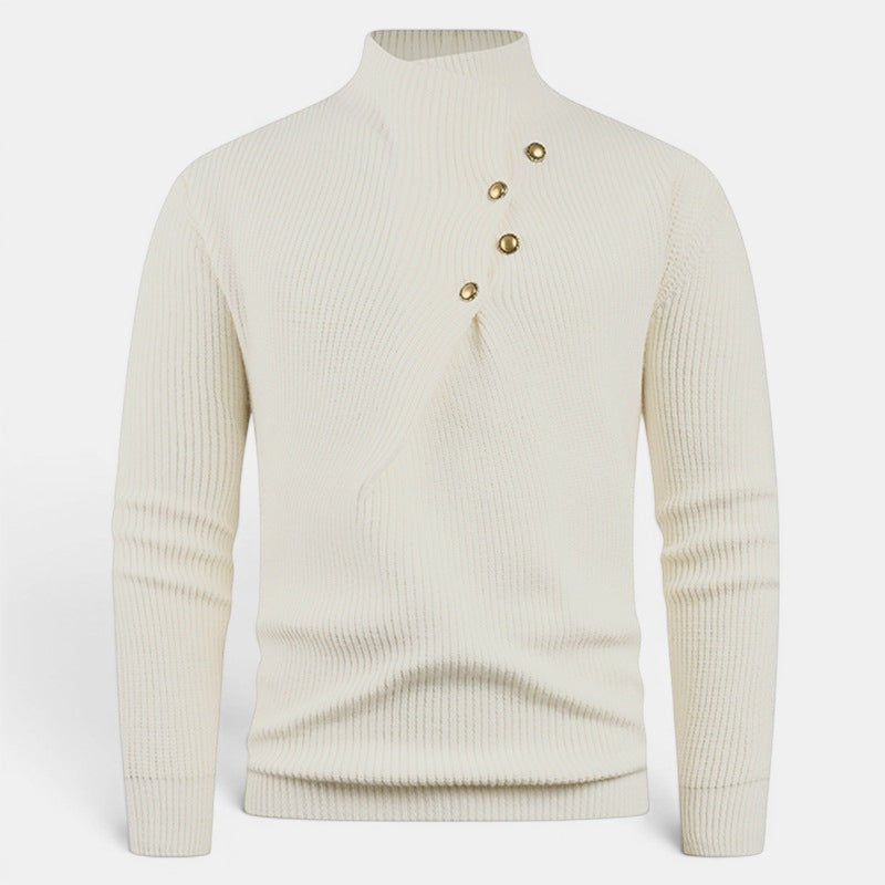 Allzom cream knit pullover sweater with stand collar and slanted button closure