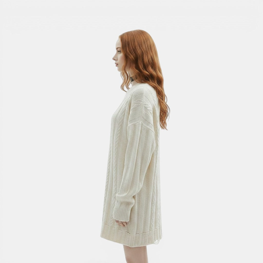 Allzom cream twist-weave knit sweater dress with round neck and distressed detailing. Model is wearing a choker.