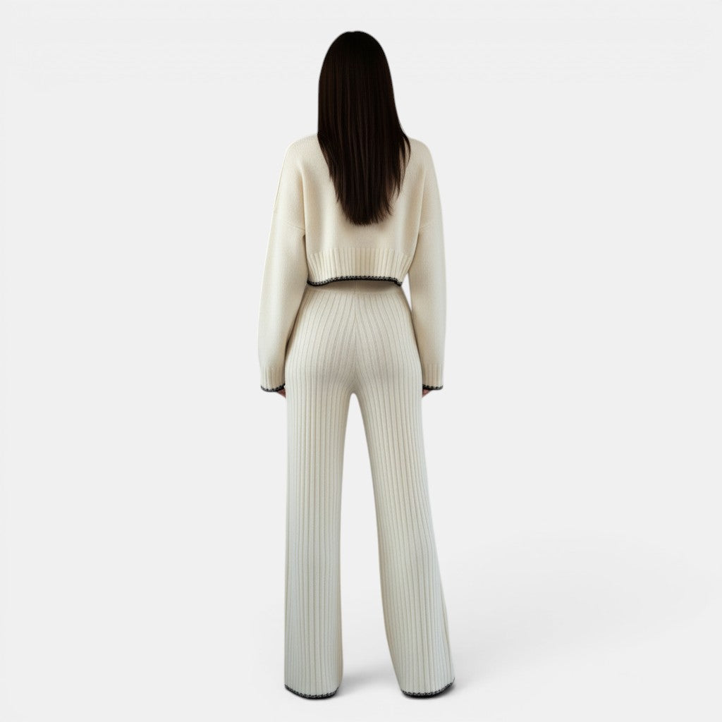 Allzom women's cream knitted two-piece set with wide-leg pants and cropped sweater.