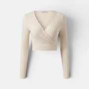 Allzom cream ribbed knit deep V-neck wrap front cropped long sleeve sweater