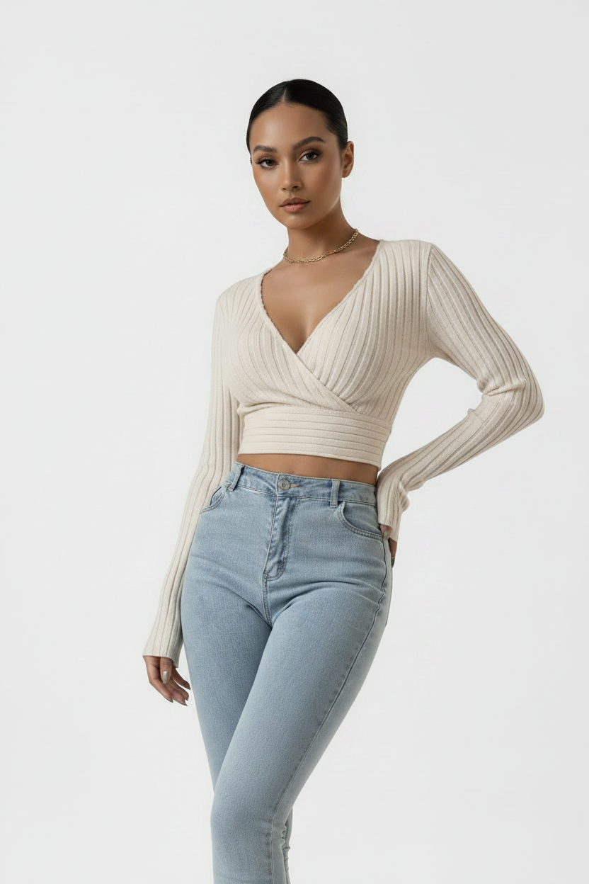 Short Deep V-Neck Slim-Fit Long Sleeve Knitted Sweater