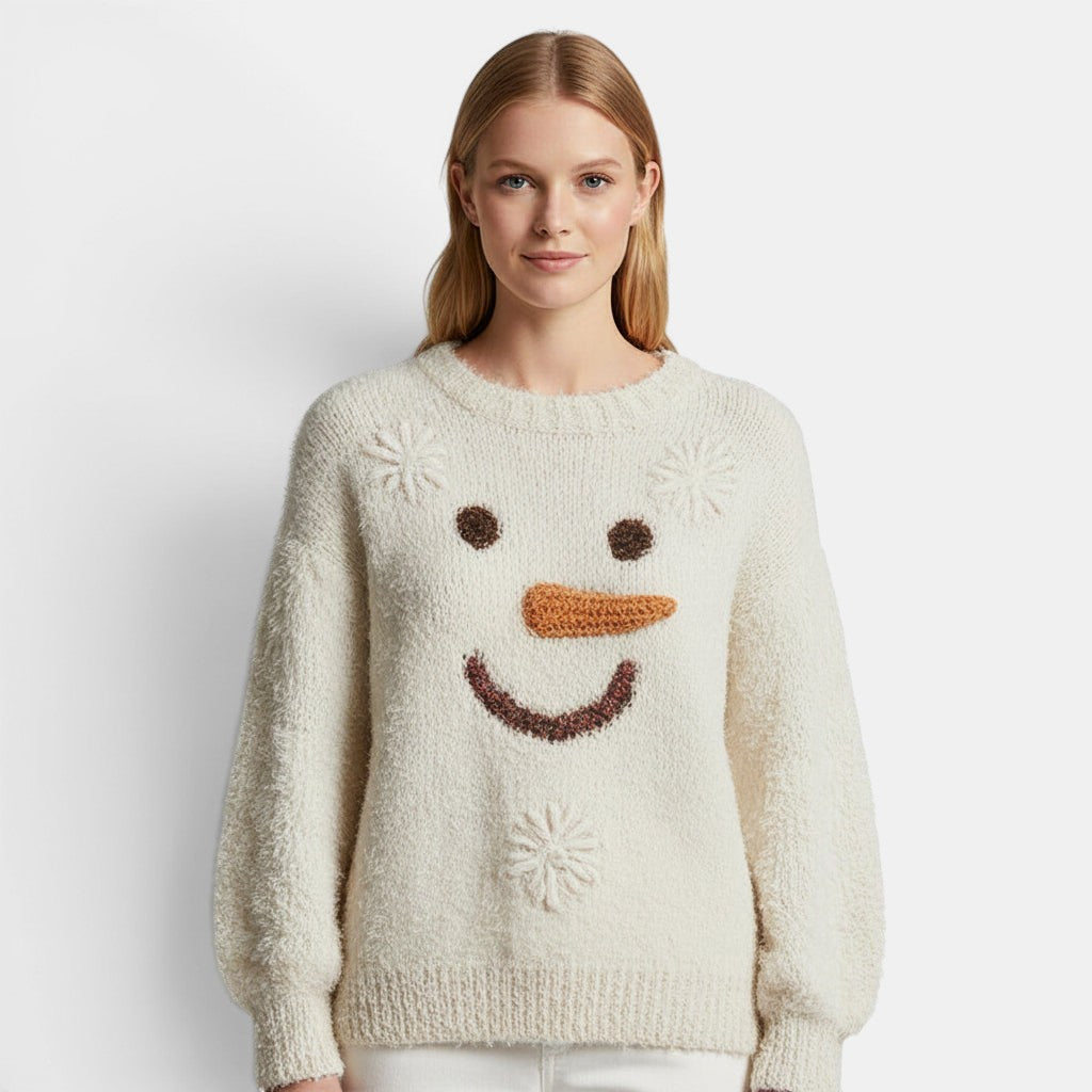 Allzom cream knit crew-neck sweatshirt with a 3D snowman face design, featuring embroidered snowflakes.