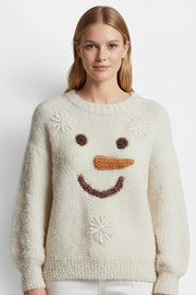 Allzom cream knit crew-neck sweatshirt with a 3D snowman face design, featuring embroidered snowflakes.