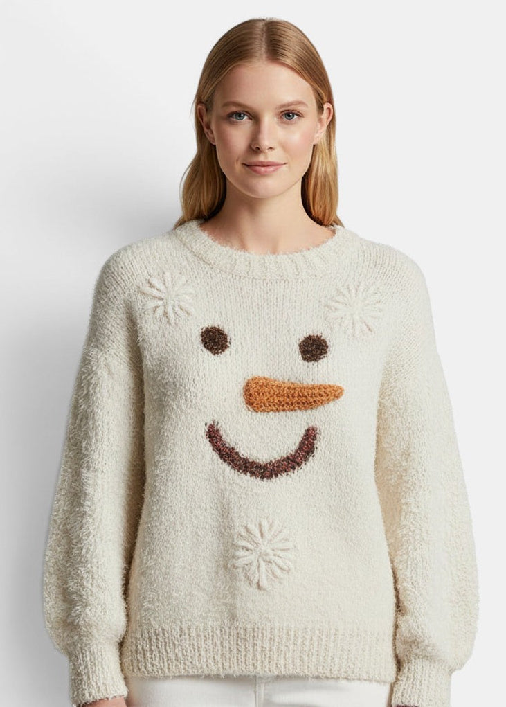 Allzom cream knit crew-neck sweatshirt with a 3D snowman face design, featuring embroidered snowflakes.