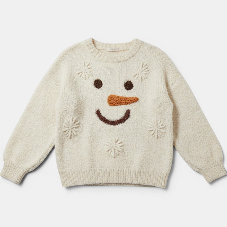 Allzom cream knitted crew-neck sweatshirt with a snowman face and snowflake details. Textured knit fabric.