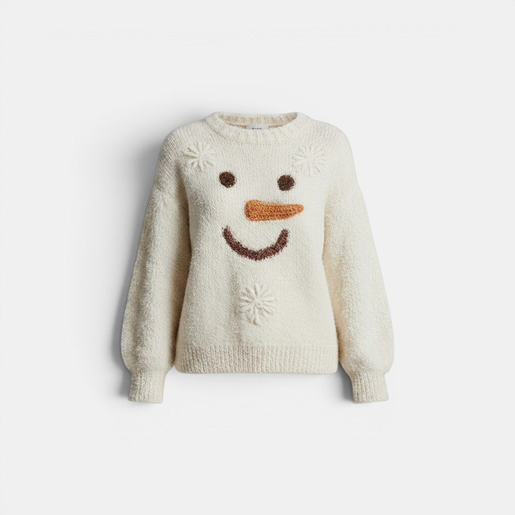 Allzom cream knitted crew-neck sweatshirt with a fun snowman face design, featuring embroidered eyes, carrot nose, and smiling mouth, with snowflake details.
